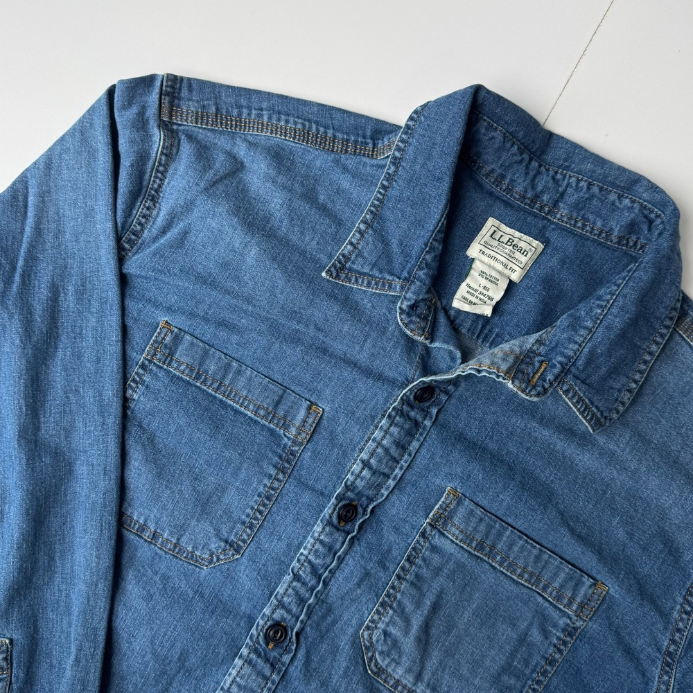 LL Bean Mens Large Traditional Fit Denim Shirt Medium Wash Blue Stretch